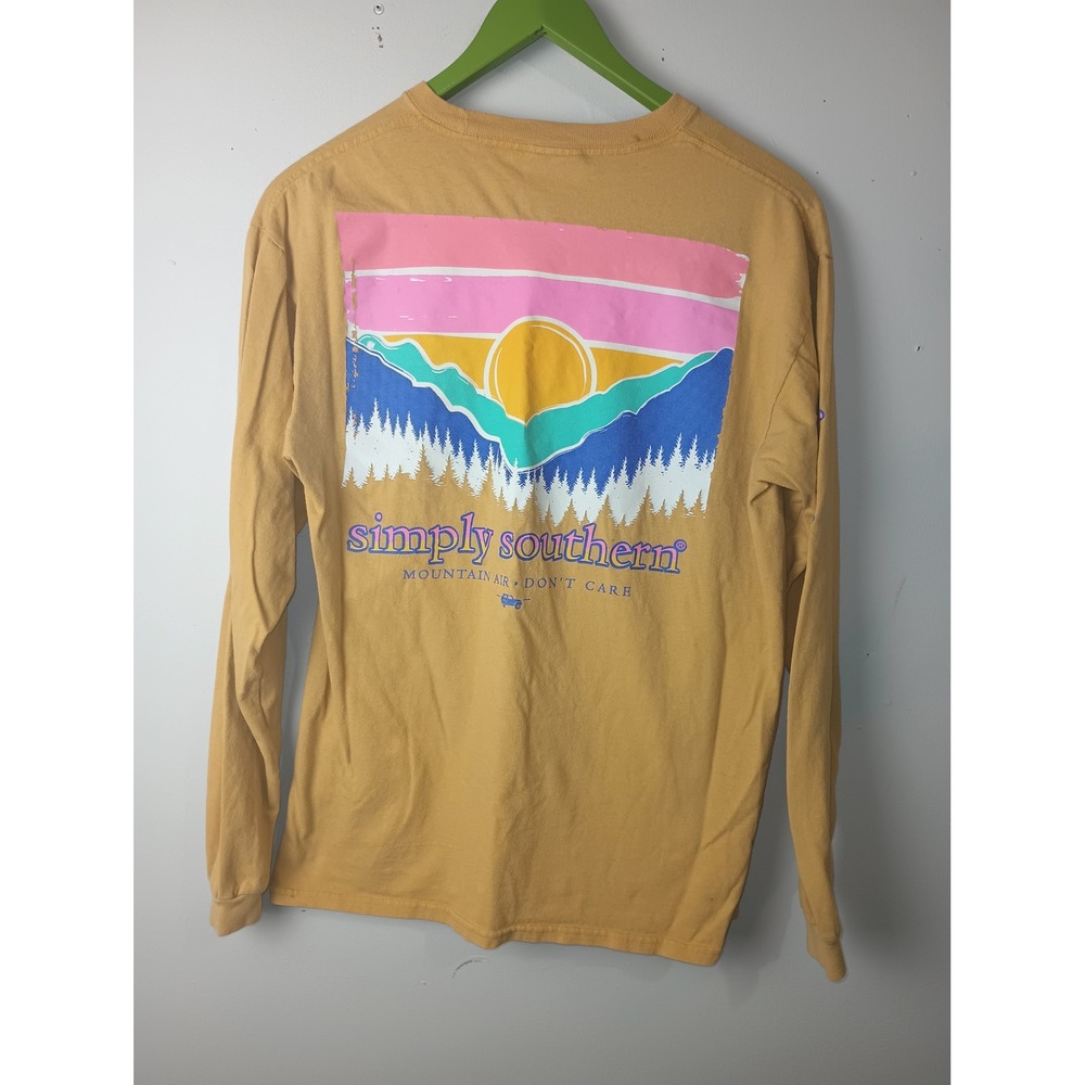 Simply Southern Mountain Air Don't Care Long Sleeve Graphic Tee Yellow Medium